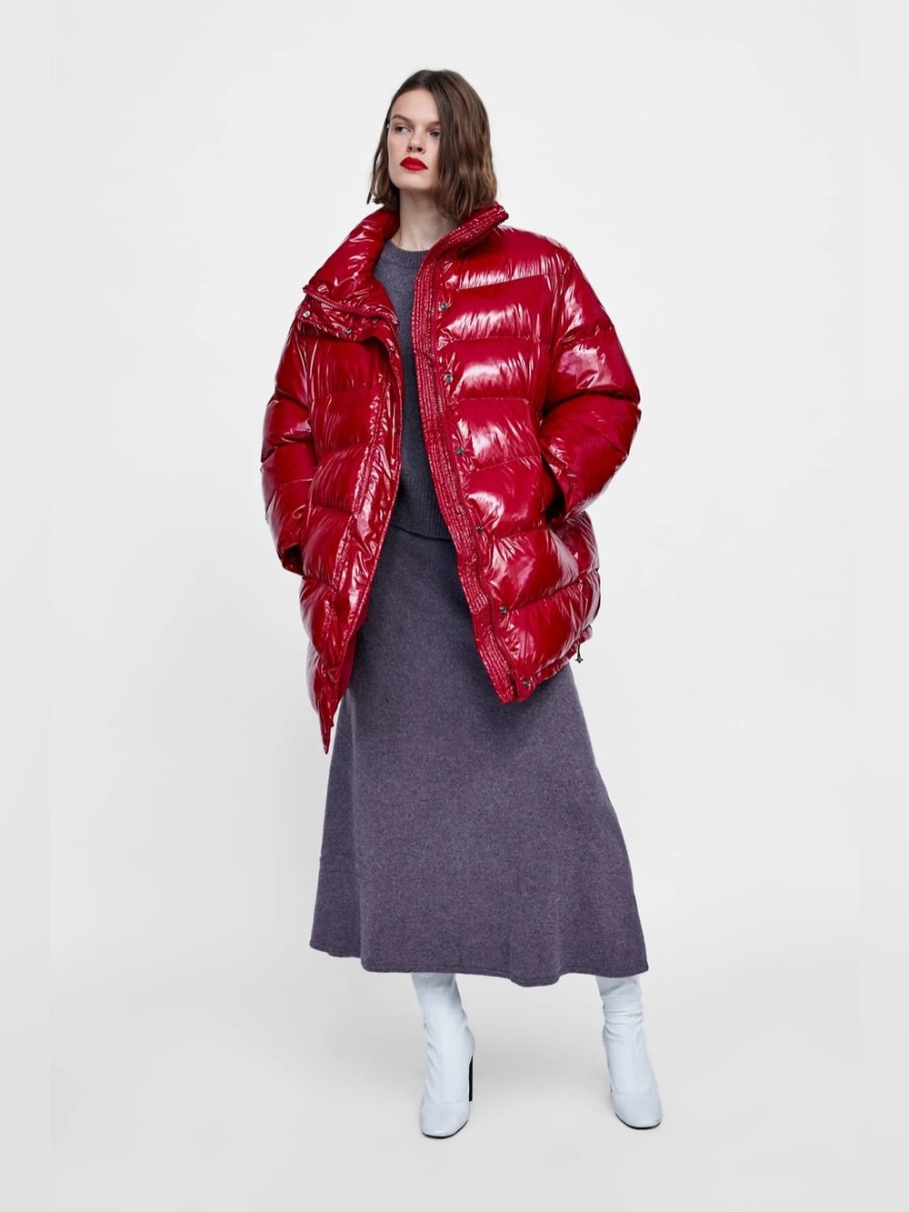 Zara Red Glossy Oversized Puffer Jacket